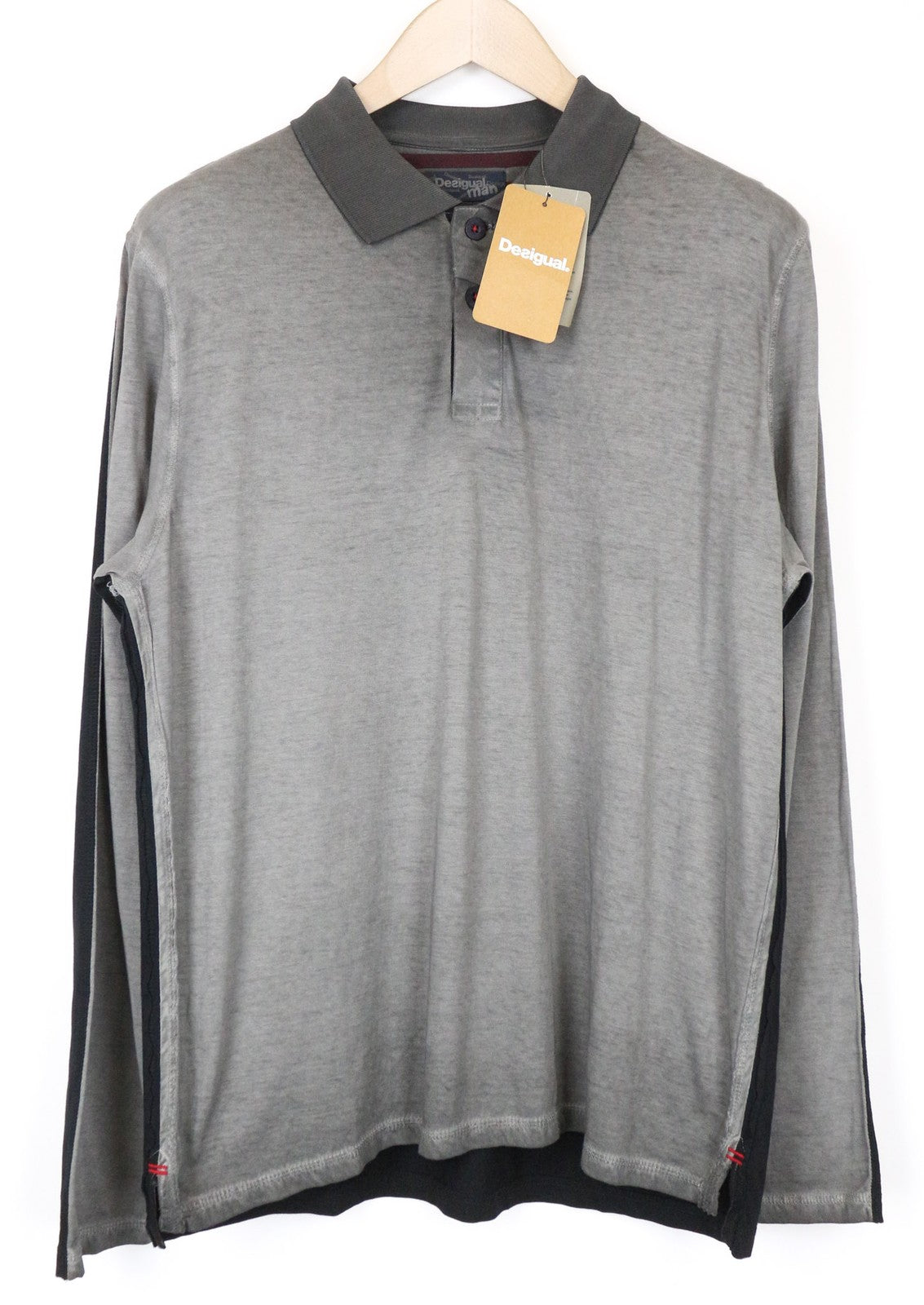 DESIGUAL Samue Men's Polo T-Shirt L Grey Cotton Washed Look Long Sleeve
