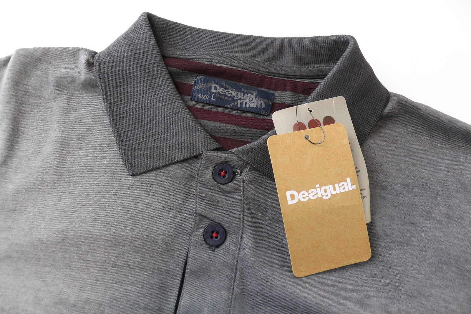 DESIGUAL Samue Men's Polo T-Shirt L Grey Cotton Washed Look Long Sleeve