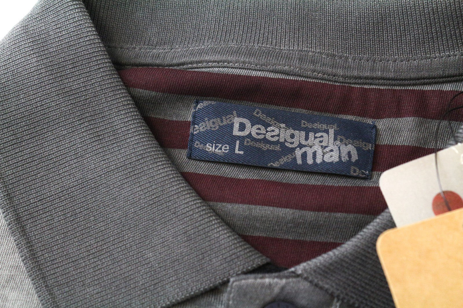 DESIGUAL Samue Men's Polo T-Shirt L Grey Cotton Washed Look Long Sleeve