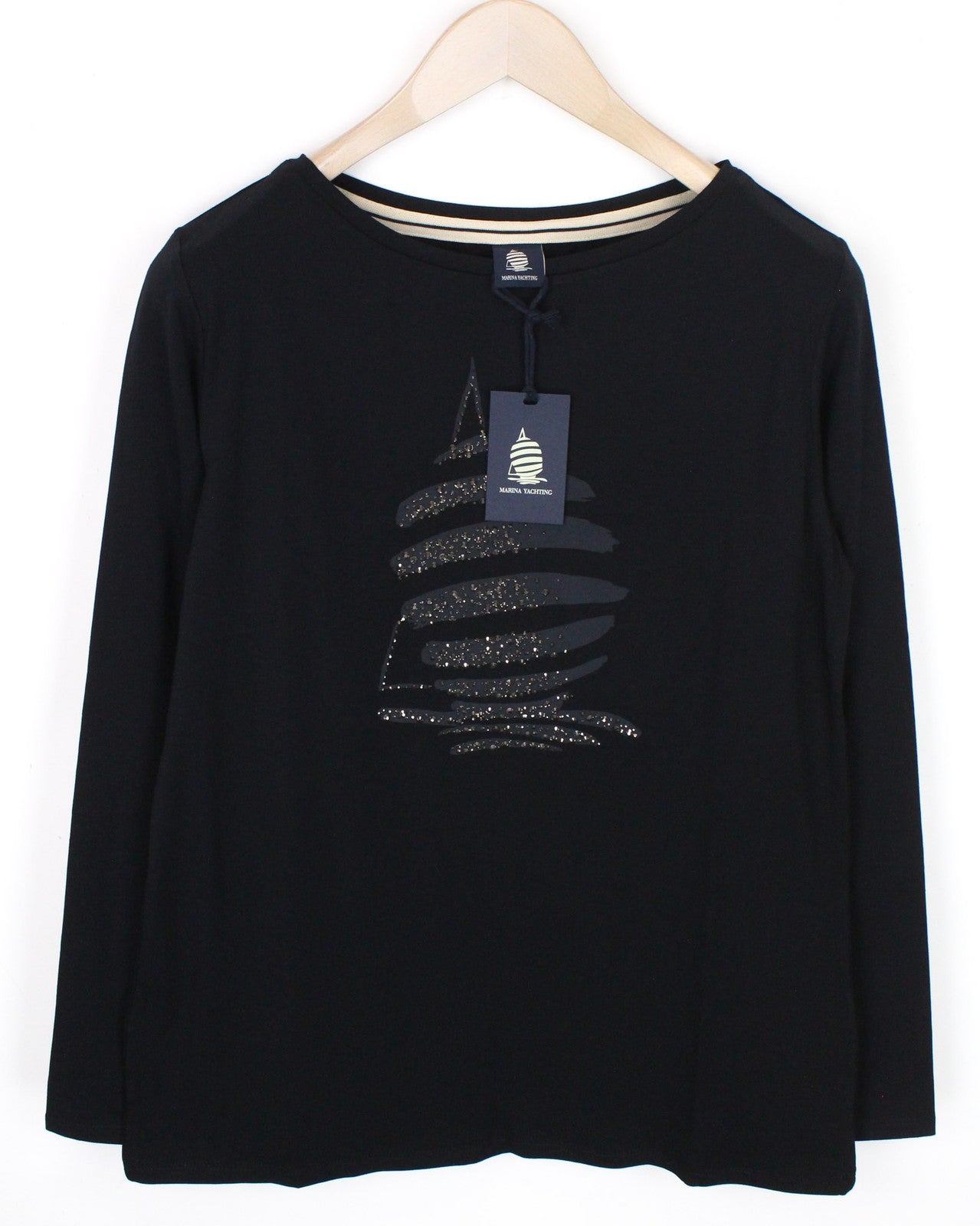 MARINA YACHTING MOTERIMS S medvilniniai juodi džersio marškinėliai su cirkonio logotipu