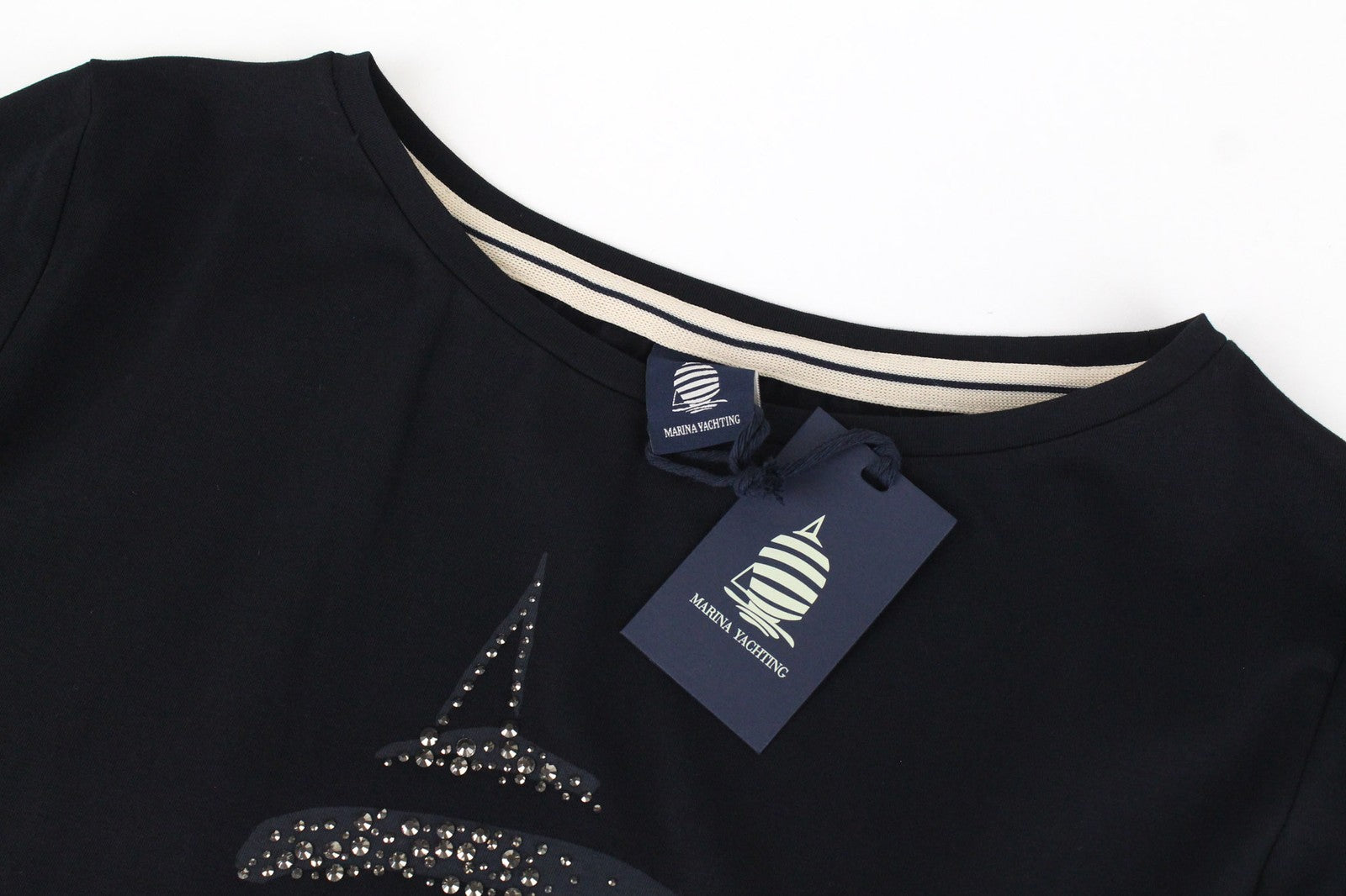 MARINA YACHTING moteriškas megztinis su juodu medvilniniu džersio raštu ir cirkonio logotipu