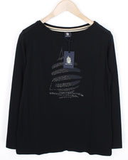 MARINA YACHTING MOTERIŠKI juodi marškinėliai su cirkonio logotipu ir medvilniniu megztiniu.