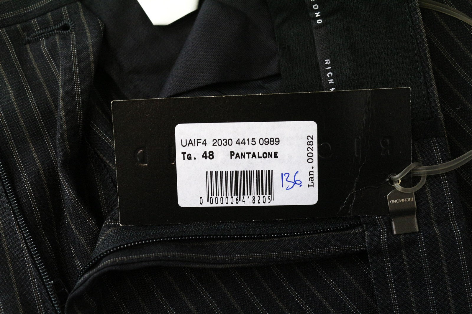 RICHMOND vyriškos kelnės 48 juodos grynos vilnos dryžuotos klostuotos oficialios raštuotos 