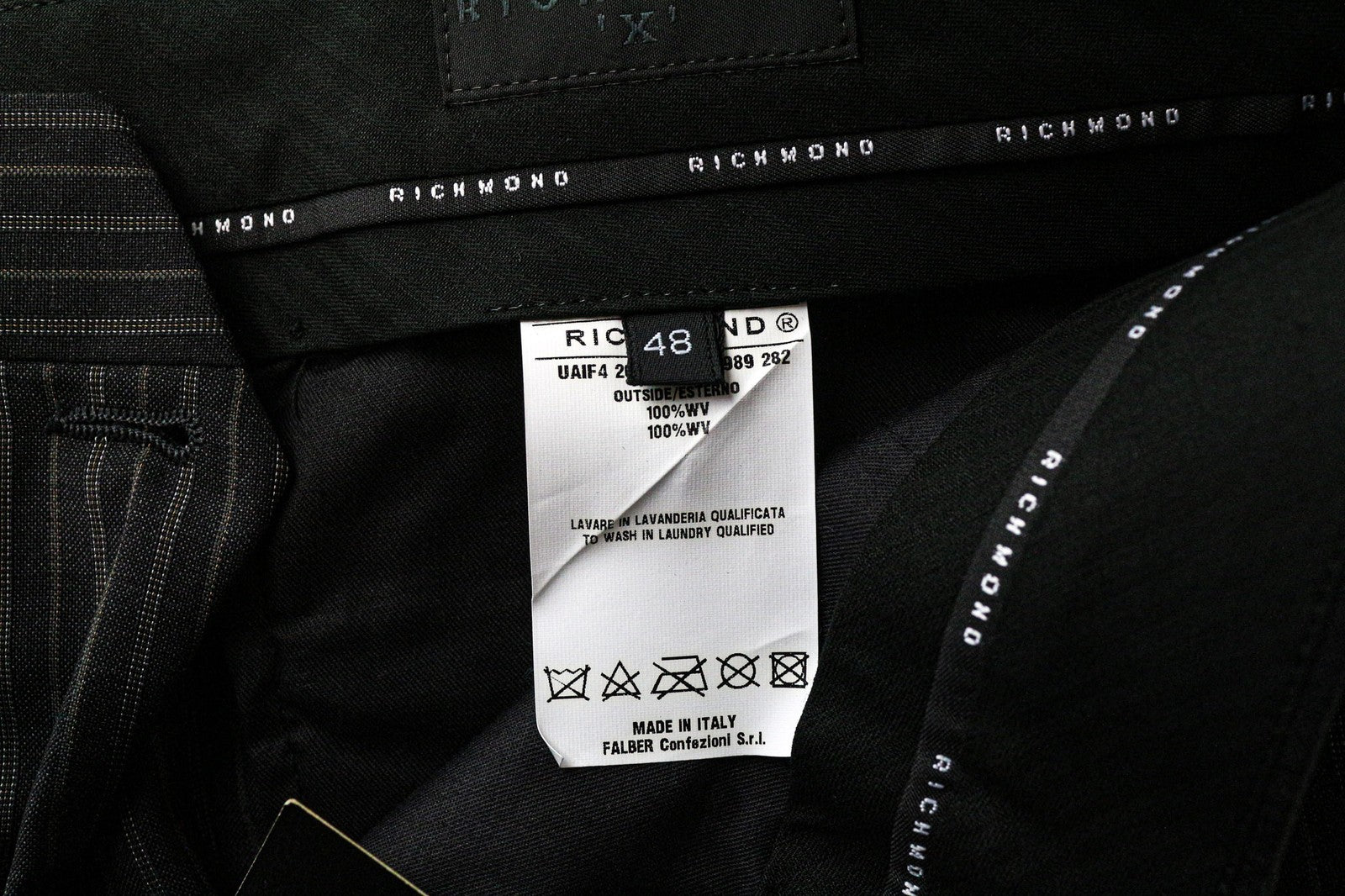 RICHMOND vyriškos kelnės 48 juodos grynos vilnos dryžuotos klostuotos oficialios raštuotos 