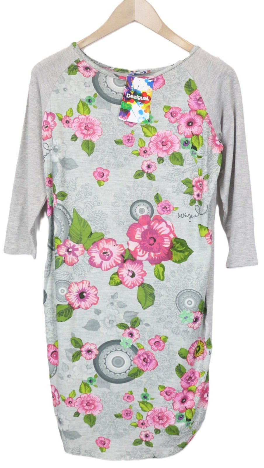 DESIGUAL Livingwear moteriška suknelė S pilka, tampri, mandalų raštais, gėlių raštais 