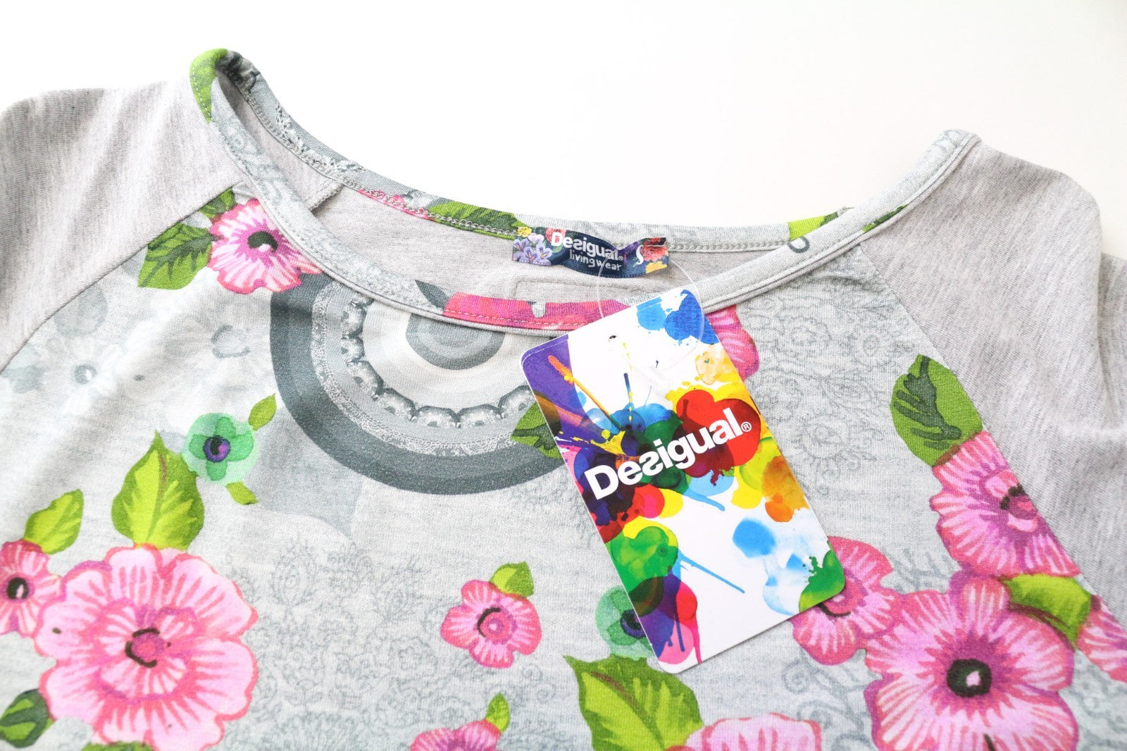 DESIGUAL Livingwear moteriška suknelė S pilka, tampri, mandalų raštais, gėlių raštais 