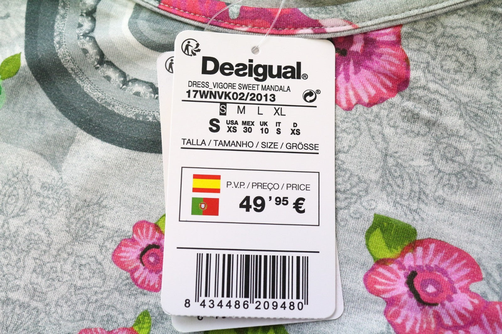 DESIGUAL Livingwear moteriška suknelė S pilka, tampri, mandalų raštais, gėlių raštais 