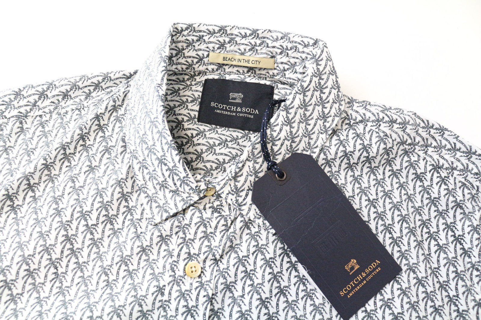 SCOTCH &amp; SODA Ams Couture vyriški marškinėliai M balti delnų rašto medvilniniai ilgomis rankovėmis 