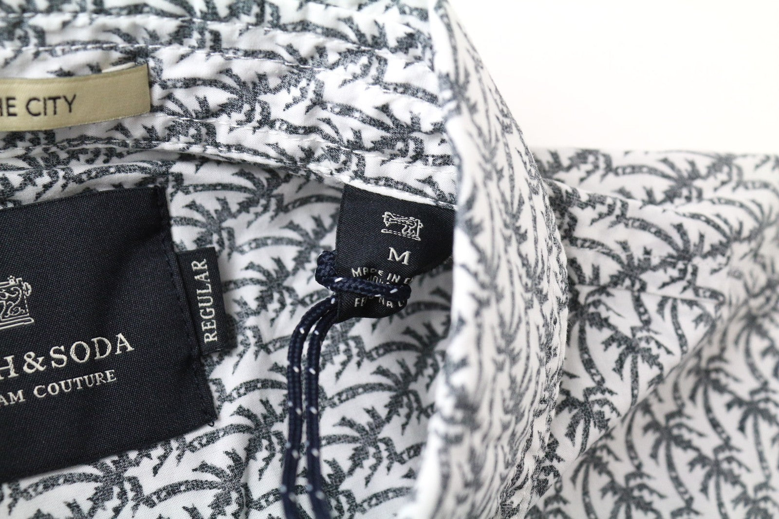 SCOTCH &amp; SODA Ams Couture vyriški marškinėliai M balti delnų rašto medvilniniai ilgomis rankovėmis 