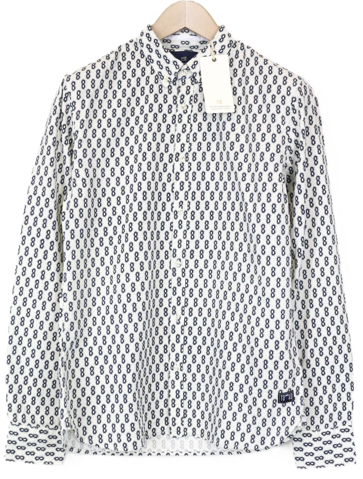 SCOTCH &amp; SODA Ams Couture vyriški marškinėliai M balti medvilniniai raštuoti ilgomis rankovėmis 