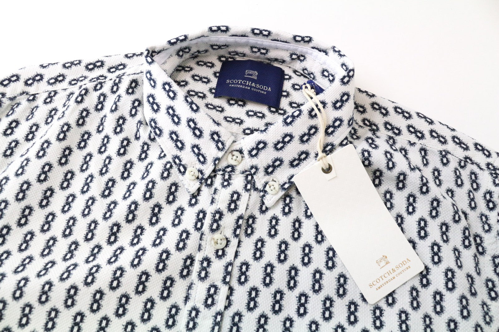 SCOTCH &amp; SODA Ams Couture vyriški marškinėliai M balti medvilniniai raštuoti ilgomis rankovėmis 