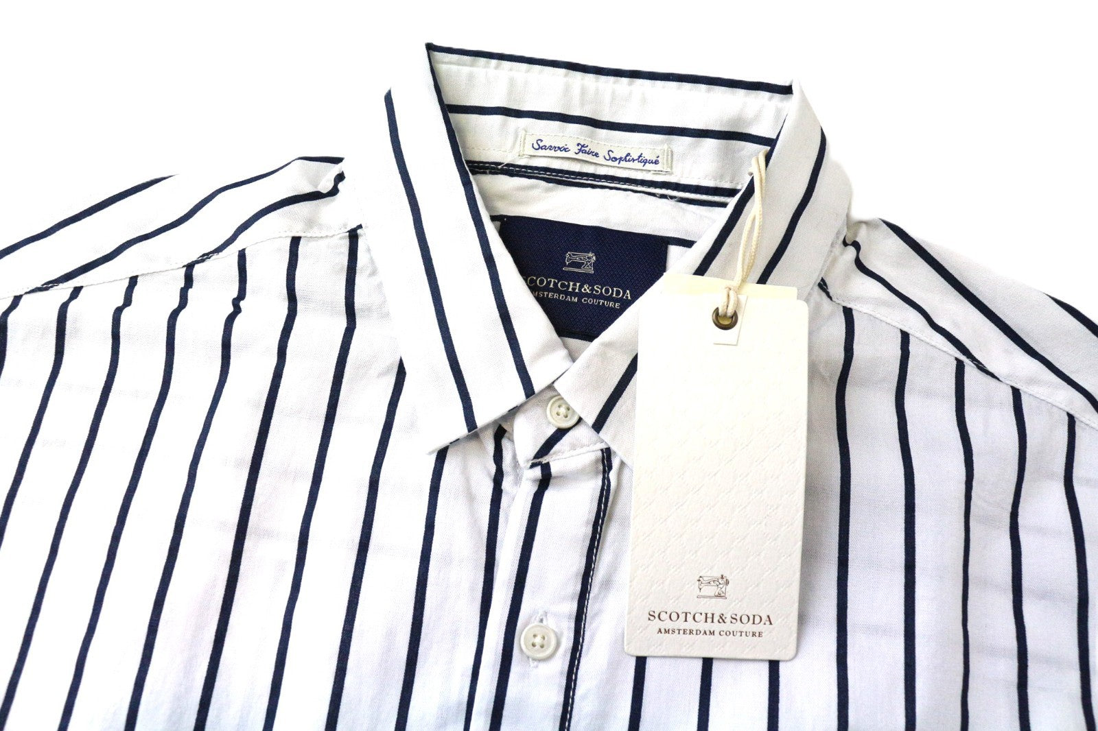 SCOTCH &amp; SODA vyriški marškinėliai M balti medvilniniai dryžuoti ilgomis rankovėmis asimetriški 