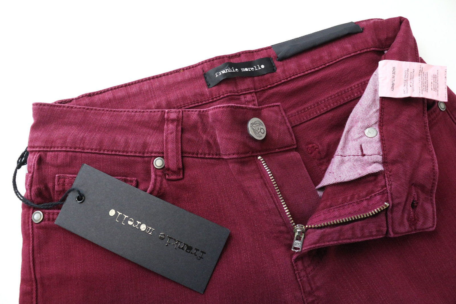 FRANKIE MORELLO moteriški džinsai W25 bordo raudoni aptempti tamprūs medvilniniai džinsai 