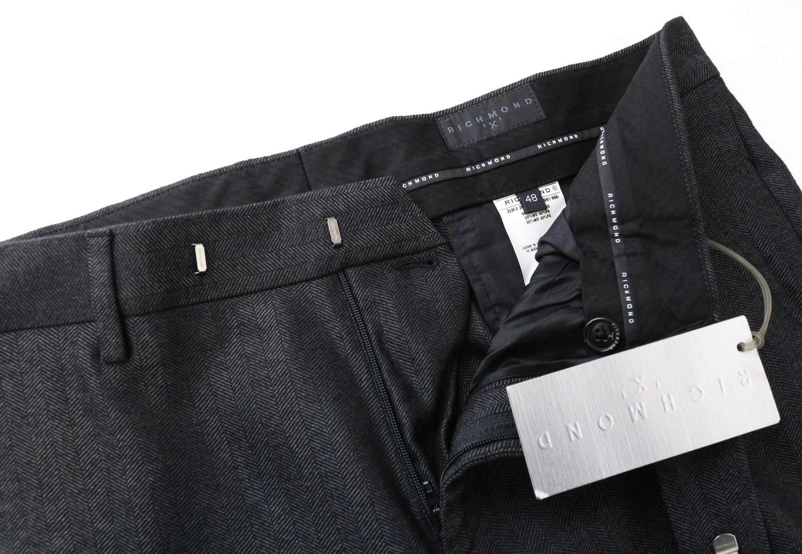 RICHMOND vyriškos kelnės 48 Tamsiai pilkos vilnos mišinio klostuotos klasikinio rašto kelnės 