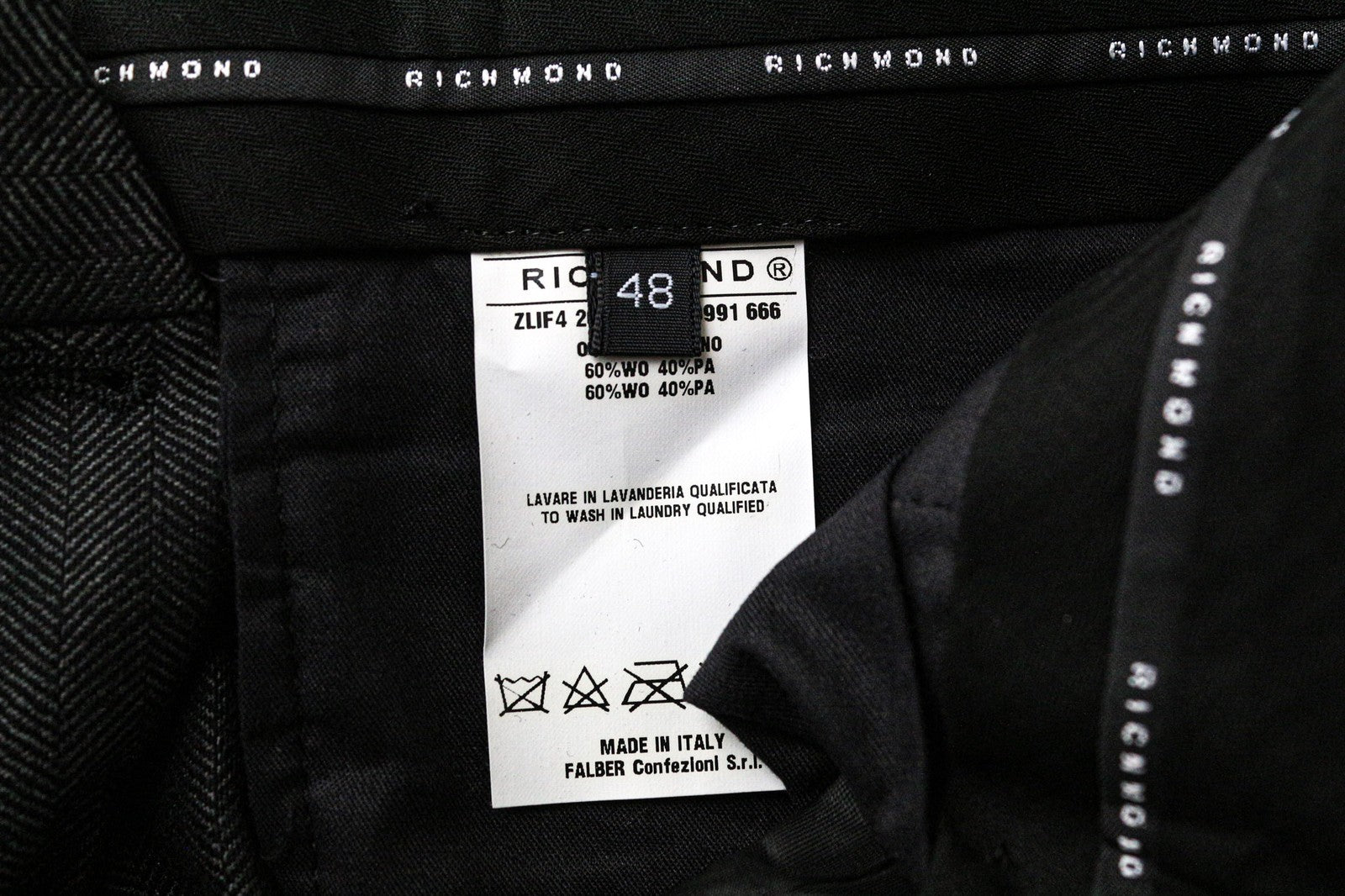 RICHMOND vyriškos kelnės 48 Tamsiai pilkos vilnos mišinio klostuotos klasikinio rašto kelnės 