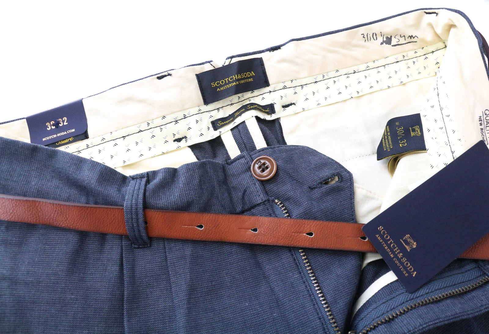 SCOTCH &amp; SODA Stuart vyriškos kelnės W30/L32 Slim klostuotos melsvai pilkos medvilnės 