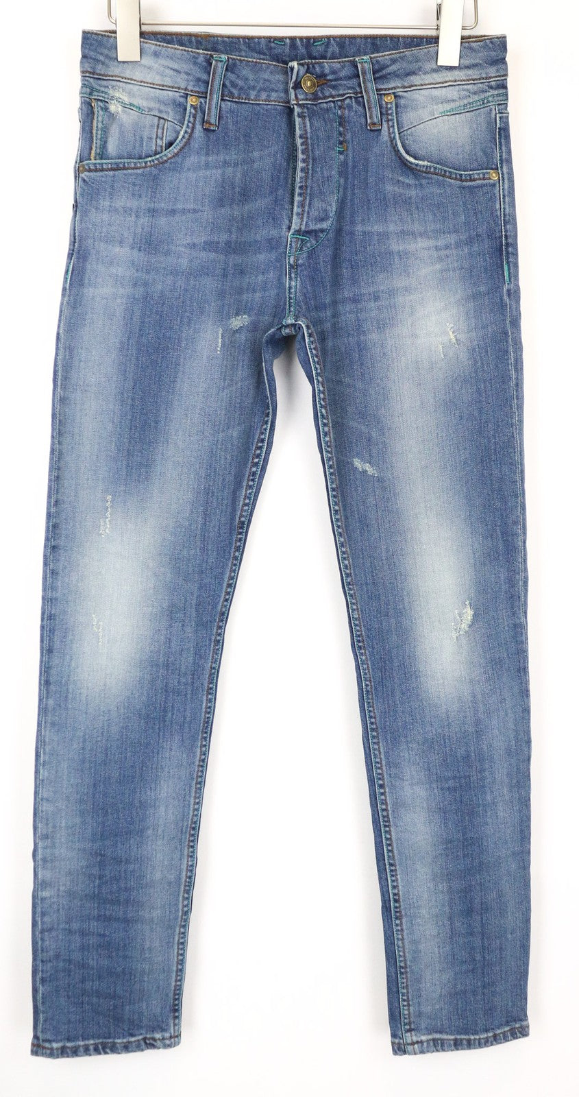 TAKESHY KUROSAWA vyriški džinsai W34 Slim Fit išblukintos mėlynos spalvos skalbtos medvilnės tamprės 