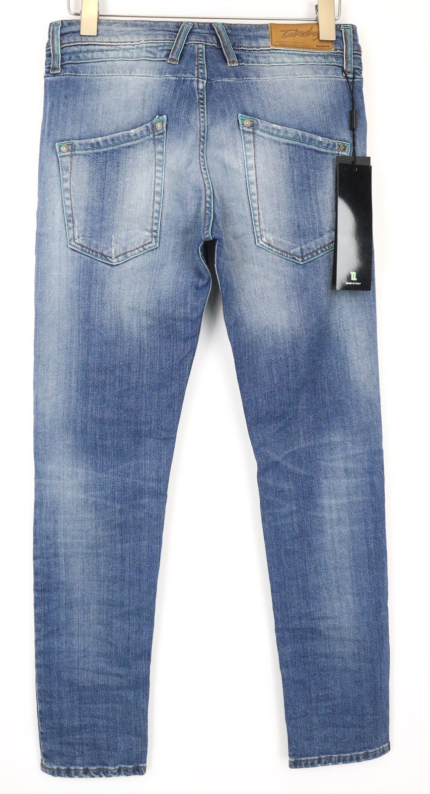 TAKESHY KUROSAWA vyriški džinsai W34 Slim Fit išblukintos mėlynos spalvos skalbtos medvilnės tamprės 