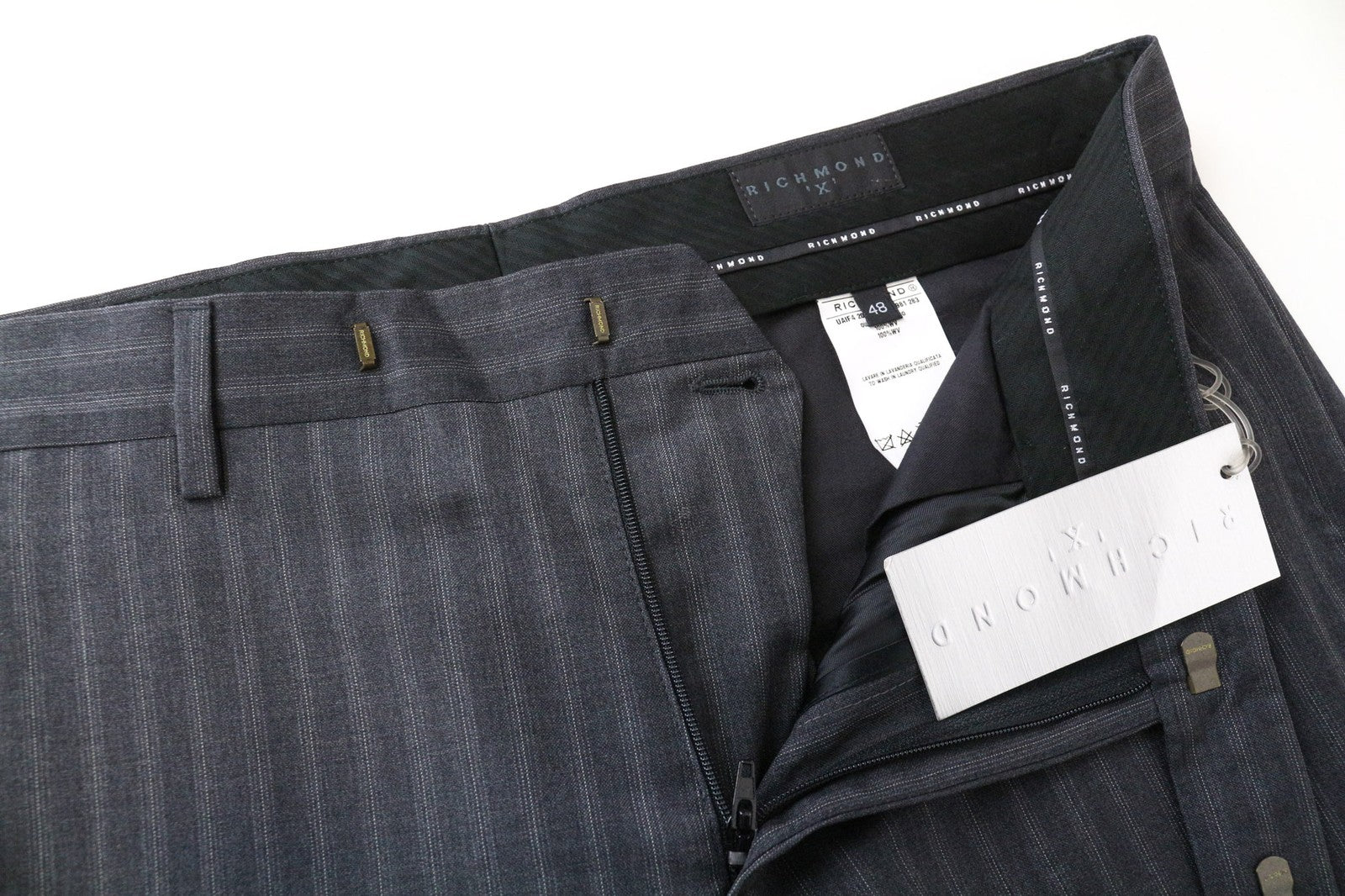 RICHMOND vyriškos IT48 pilkos dryžuotos, plokščia priekine dalimi, klasikinės, grynos vilnos kelnės
