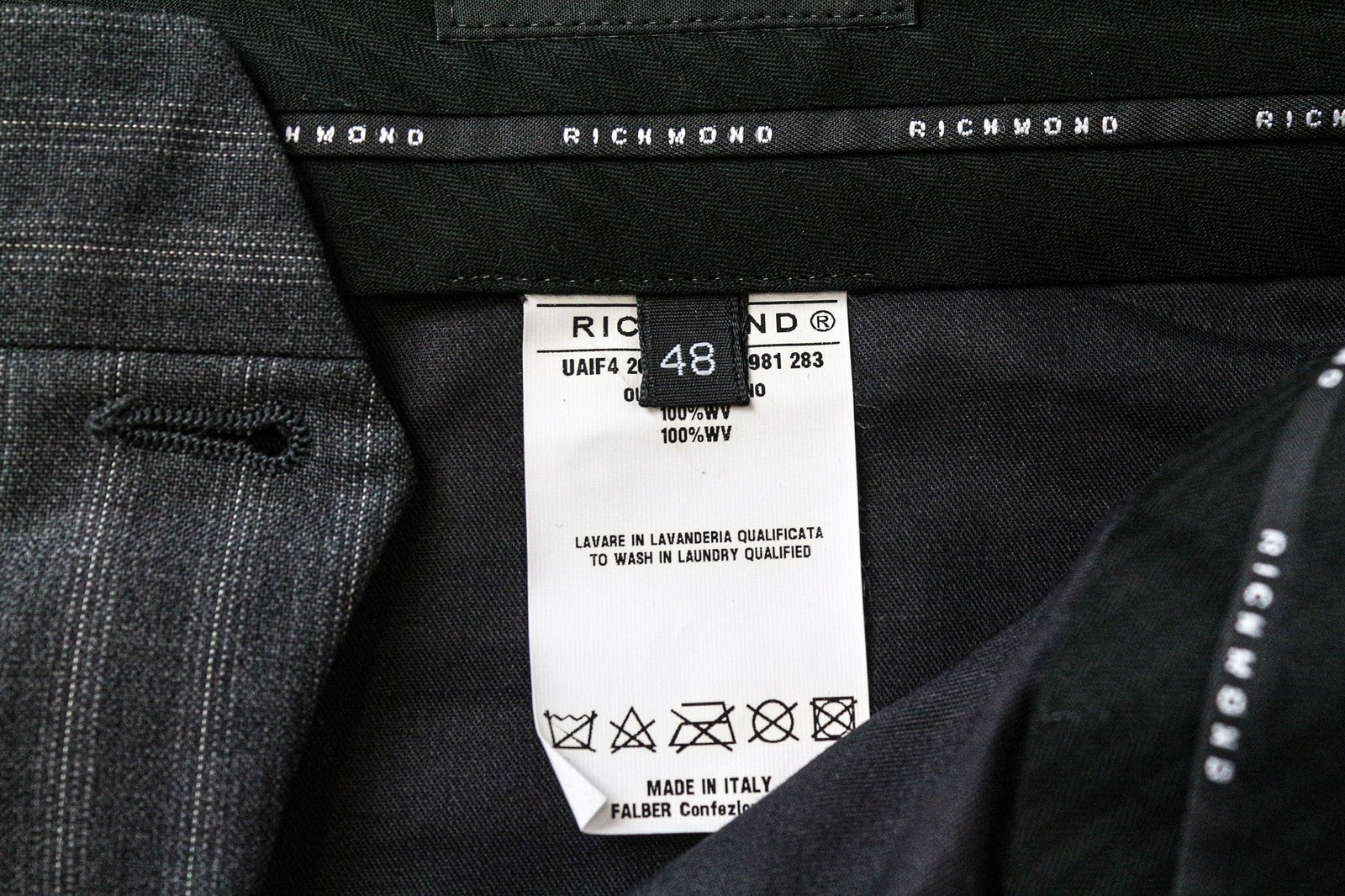 RICHMOND vyriškos IT48 pilkos dryžuotos, plokščia priekine dalimi, klasikinės, grynos vilnos kelnės
