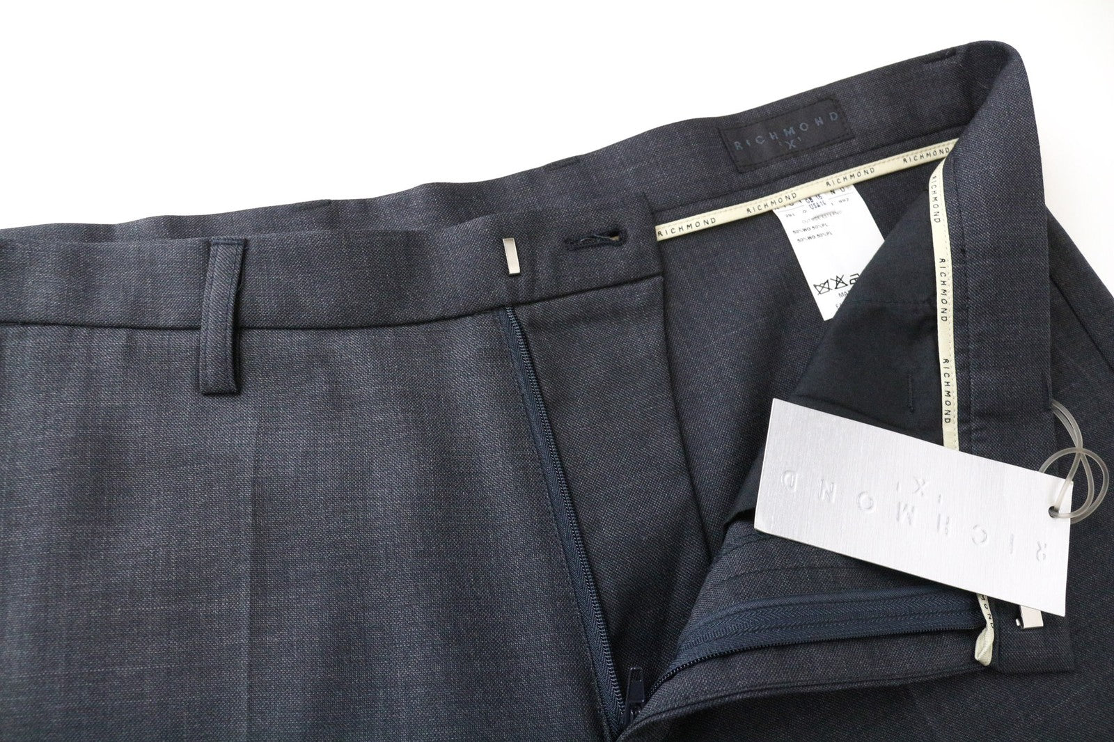 RICHMOND vyriškos IT48 pilkos vilnos mišinio melanžo dizainerio stiliaus plokščia priekine dalimi kelnės 