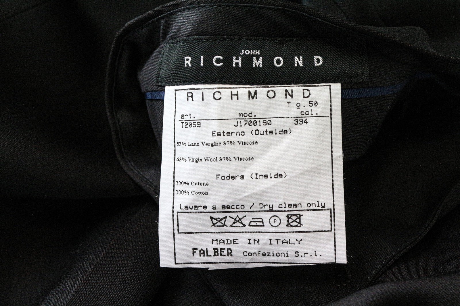 JOHN RICHMOND vyriškos kelnės IT50 juodos grynos vilnos mišinio klasikinės plokščia priekine dalimi 