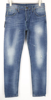 TAKESHY KUROSAWA TK 75 vyriški džinsai W34 mėlyni, apdriskę, ploni, tamprūs, su sagomis 