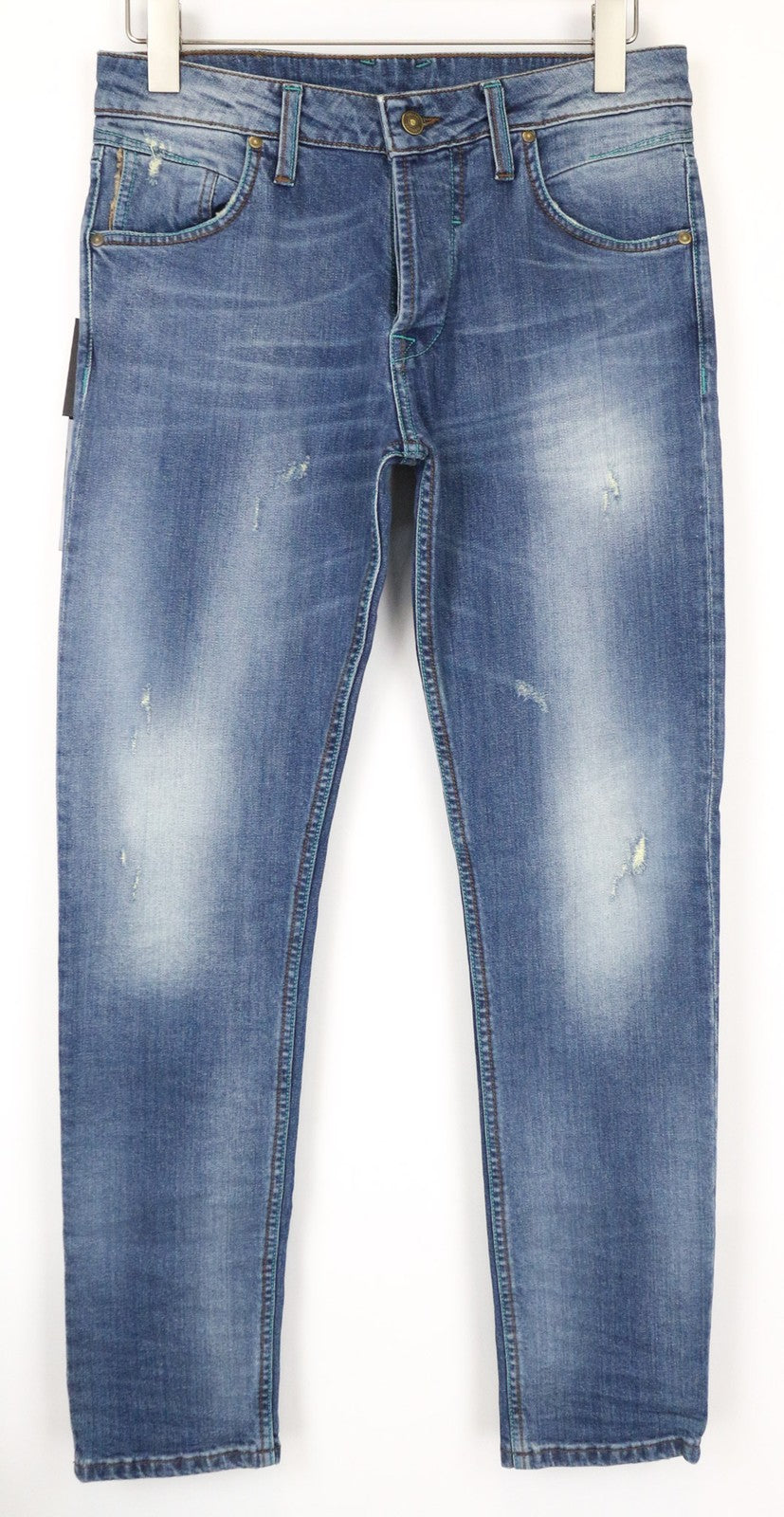 TAKESHY KUROSAWA TK 75 vyriški džinsai W34 mėlyni, apdriskę, ploni, tamprūs, su sagomis 