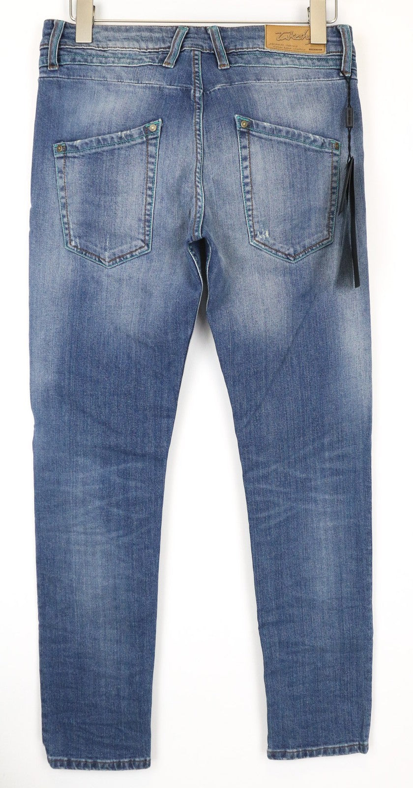 TAKESHY KUROSAWA TK 75 vyriški džinsai W34 mėlyni, apdriskę, ploni, tamprūs, su sagomis 