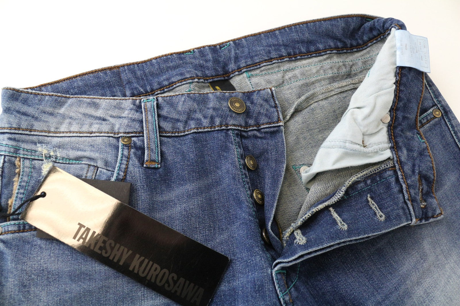 TAKESHY KUROSAWA TK 75 vyriški džinsai W34 mėlyni, apdriskę, ploni, tamprūs, su sagomis 
