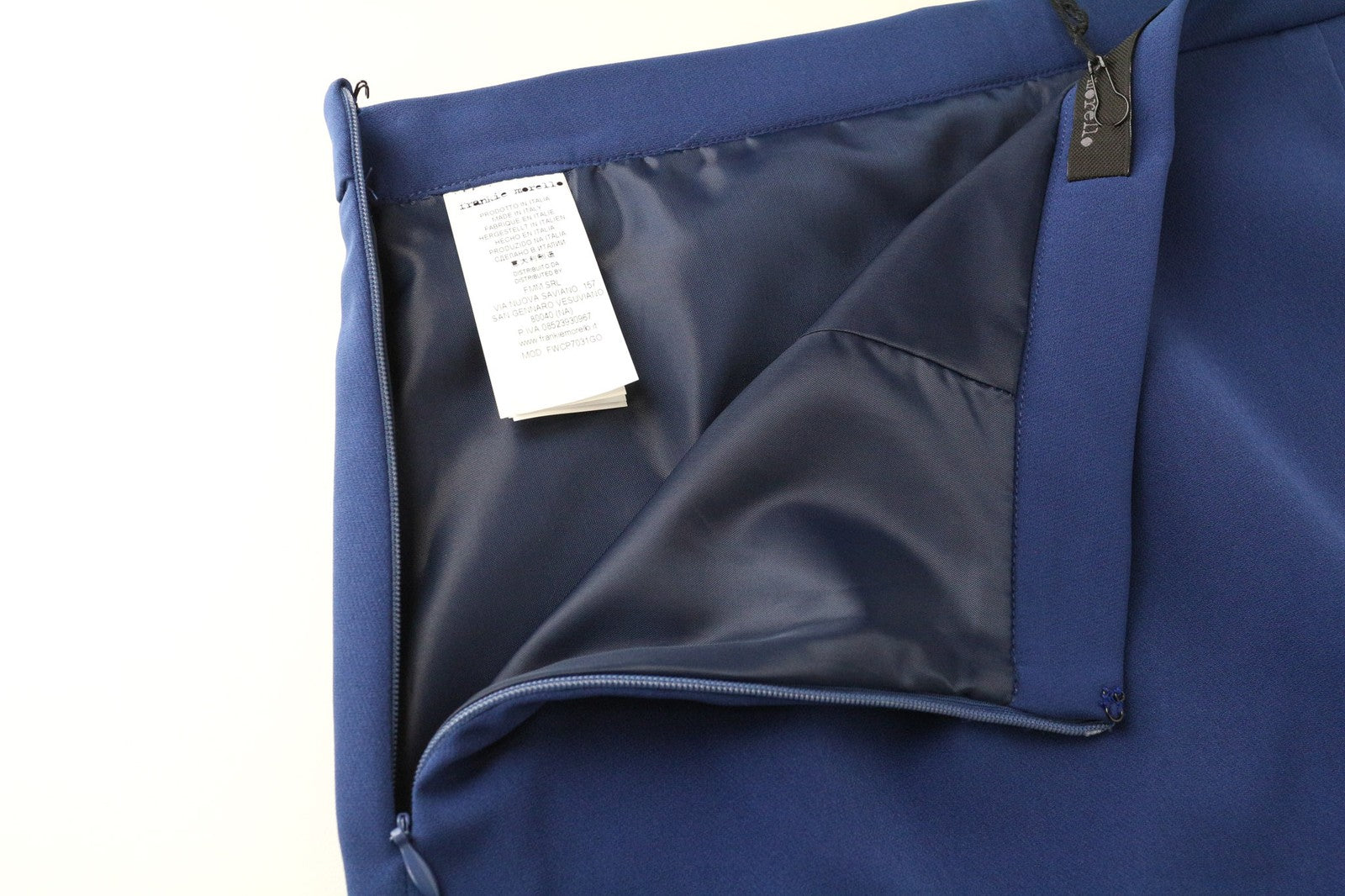 FRANKIE MORELLO Alya moteriškas sijonas UK12 mėlynas tamprus mini laisvalaikio trumpas užtrauktukas šone 