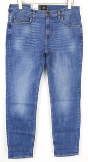 LEE Rider trumpinti vyriški džinsai W32/L34 vidutinio mėlynumo, tamprūs, ploni, klasikinio stiliaus, su užtrauktuku 