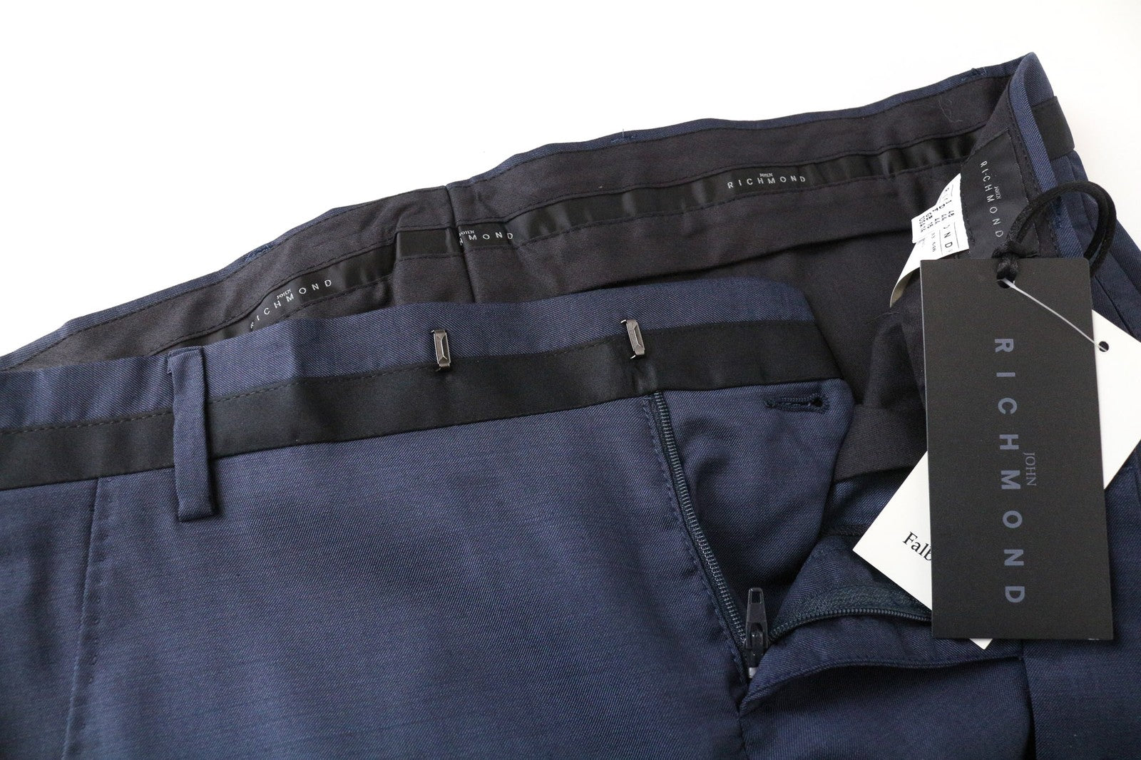 RICHMOND vyriškos kelnės IT48 mėlynos grynos vilnos melanžo klasikinės plokščia priekine dalimi 