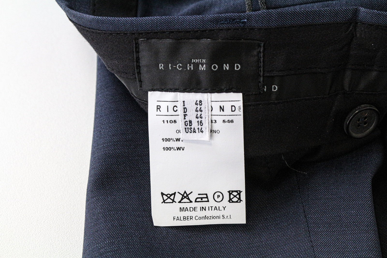 RICHMOND vyriškos kelnės IT48 mėlynos grynos vilnos melanžo klasikinės plokščia priekine dalimi 