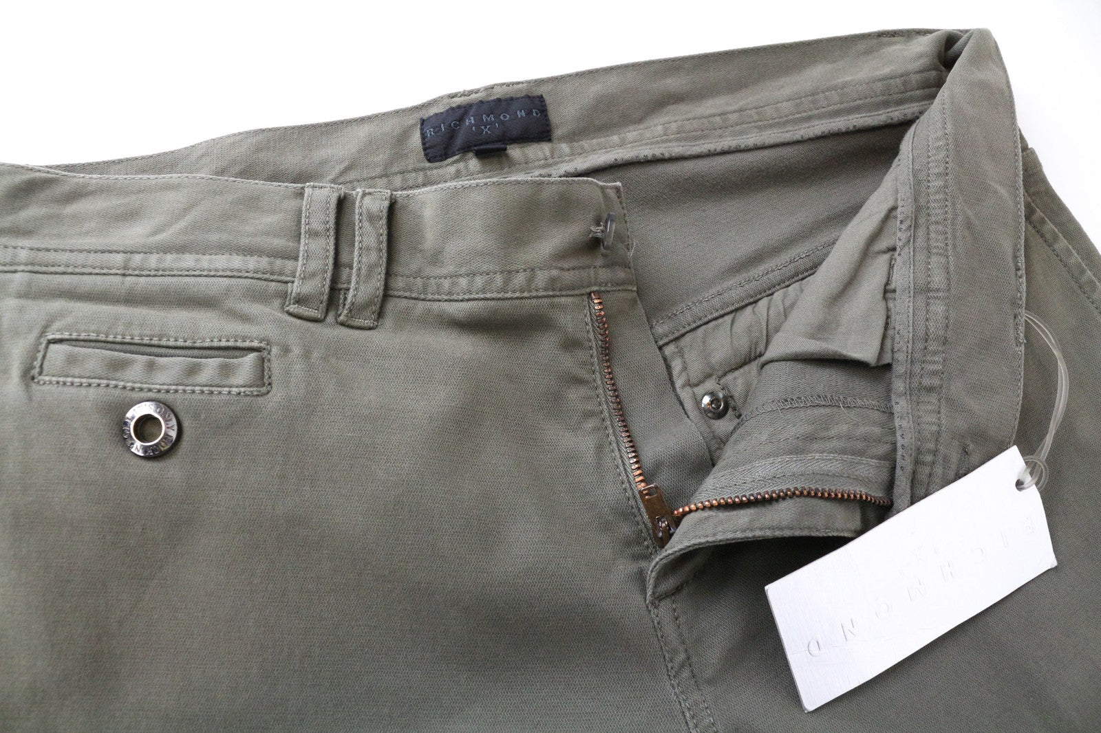RICHMOND vyriškos kelnės, 48 ​​cm, chaki žalios, tamprios medvilnės, laisvalaikio, plokščia priekine dalimi, stiliaus 