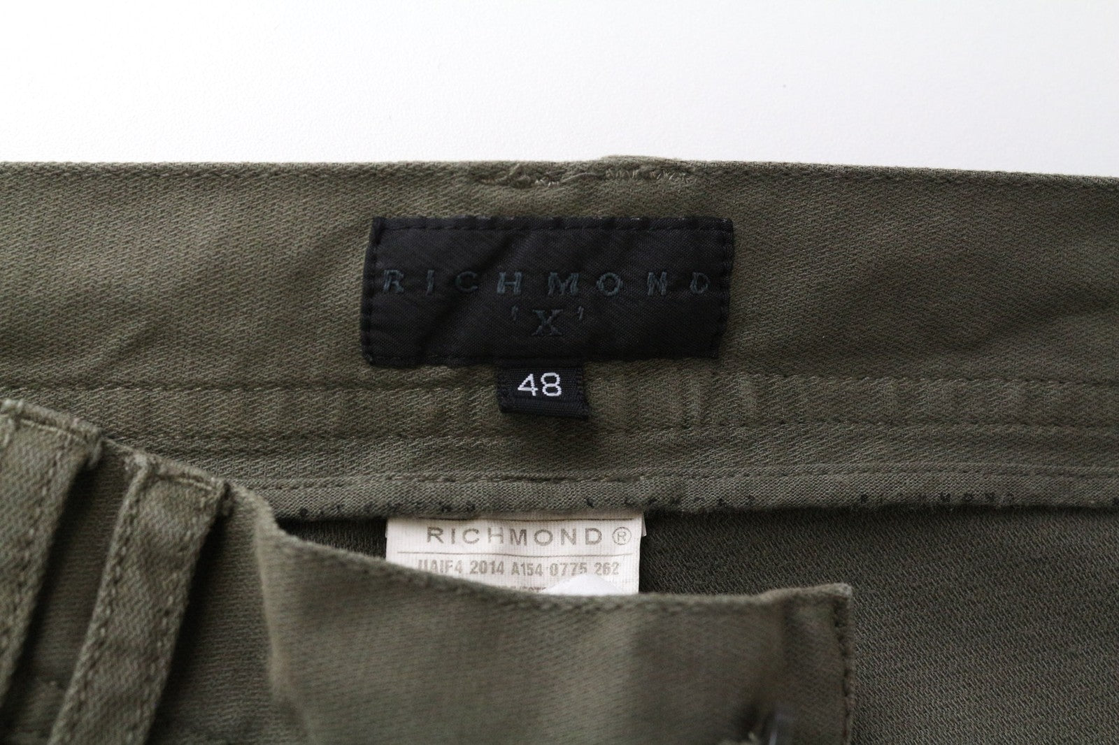RICHMOND vyriškos kelnės, 48 ​​cm, chaki žalios, tamprios medvilnės, laisvalaikio, plokščia priekine dalimi, stiliaus 