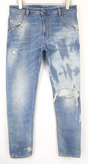 DIESEL Krooley-T 087AE Men's W32 Slim Blue Cotton Stretch Jeans Ripped Worn