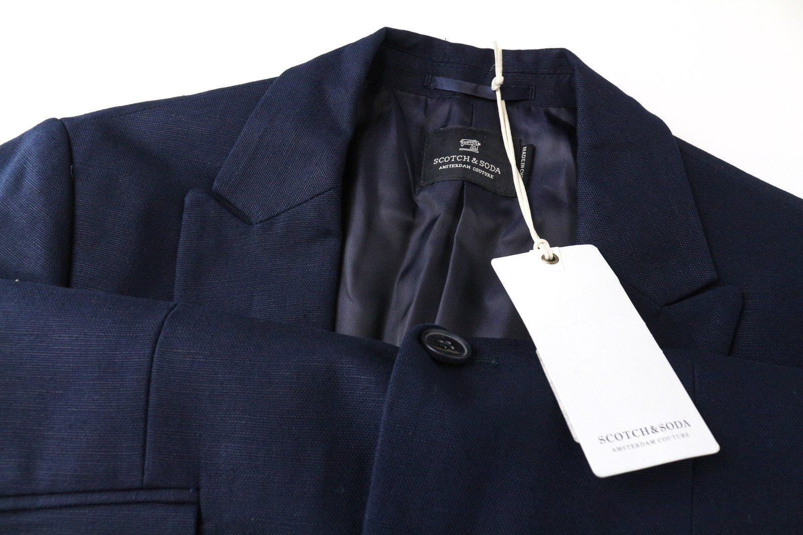 SCOTCH &amp; SODA Ams Couture vyriškas S dydžio tamsiai mėlynas lininis medvilninis švarkas su viena saga snapeliu 