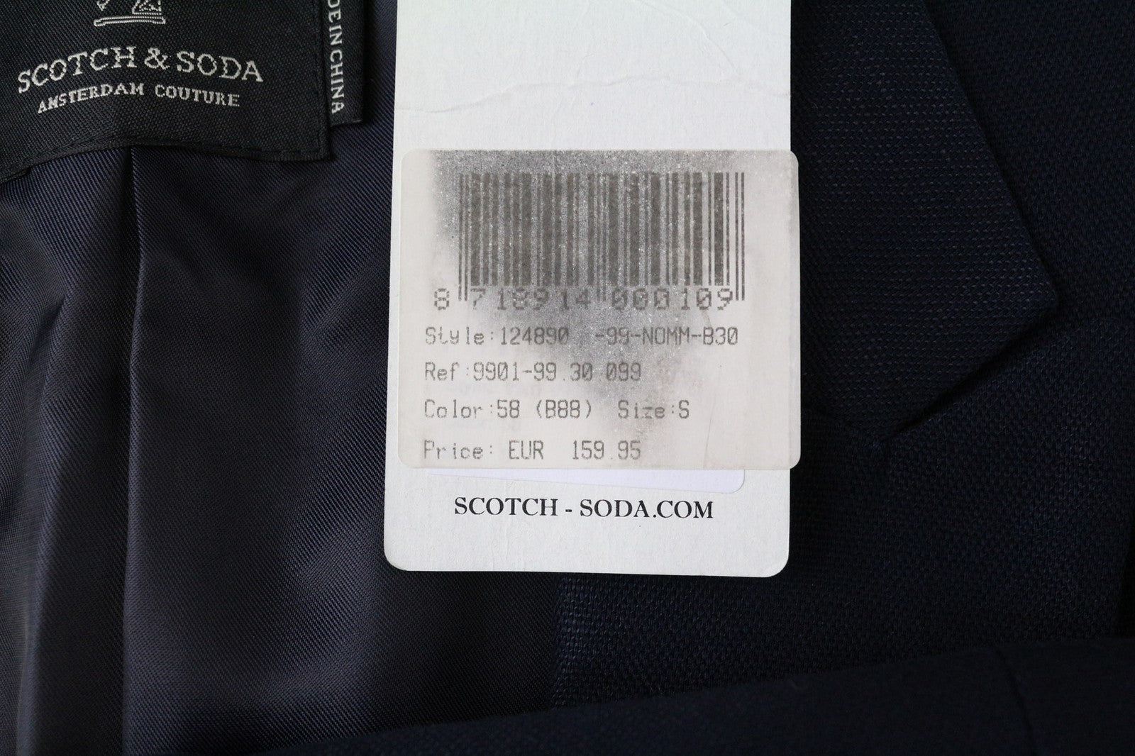 SCOTCH &amp; SODA Ams Couture vyriškas S dydžio tamsiai mėlynas lininis medvilninis švarkas su viena saga snapeliu 