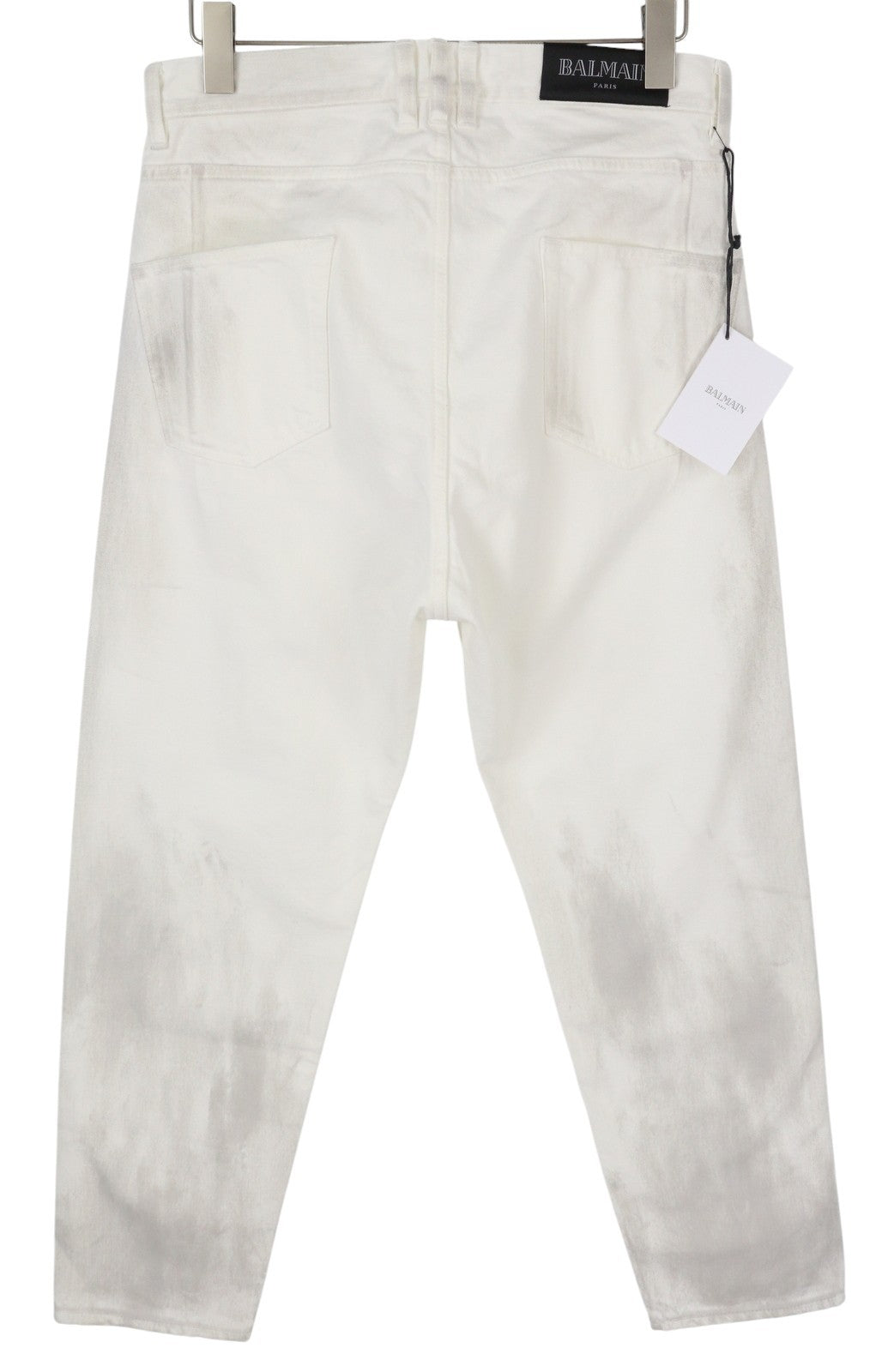 BALMAIN vyriški džinsai 29 balti, tiesūs, suteptos tekstūros, sudegusio nešvaraus audinio efektu (RRP690) 