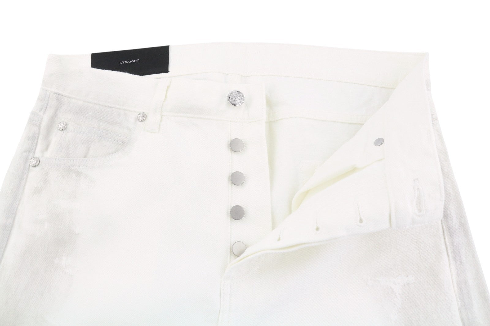 BALMAIN vyriški džinsai 29 balti, tiesūs, suteptos tekstūros, sudegusio nešvaraus audinio efektu (RRP690) 