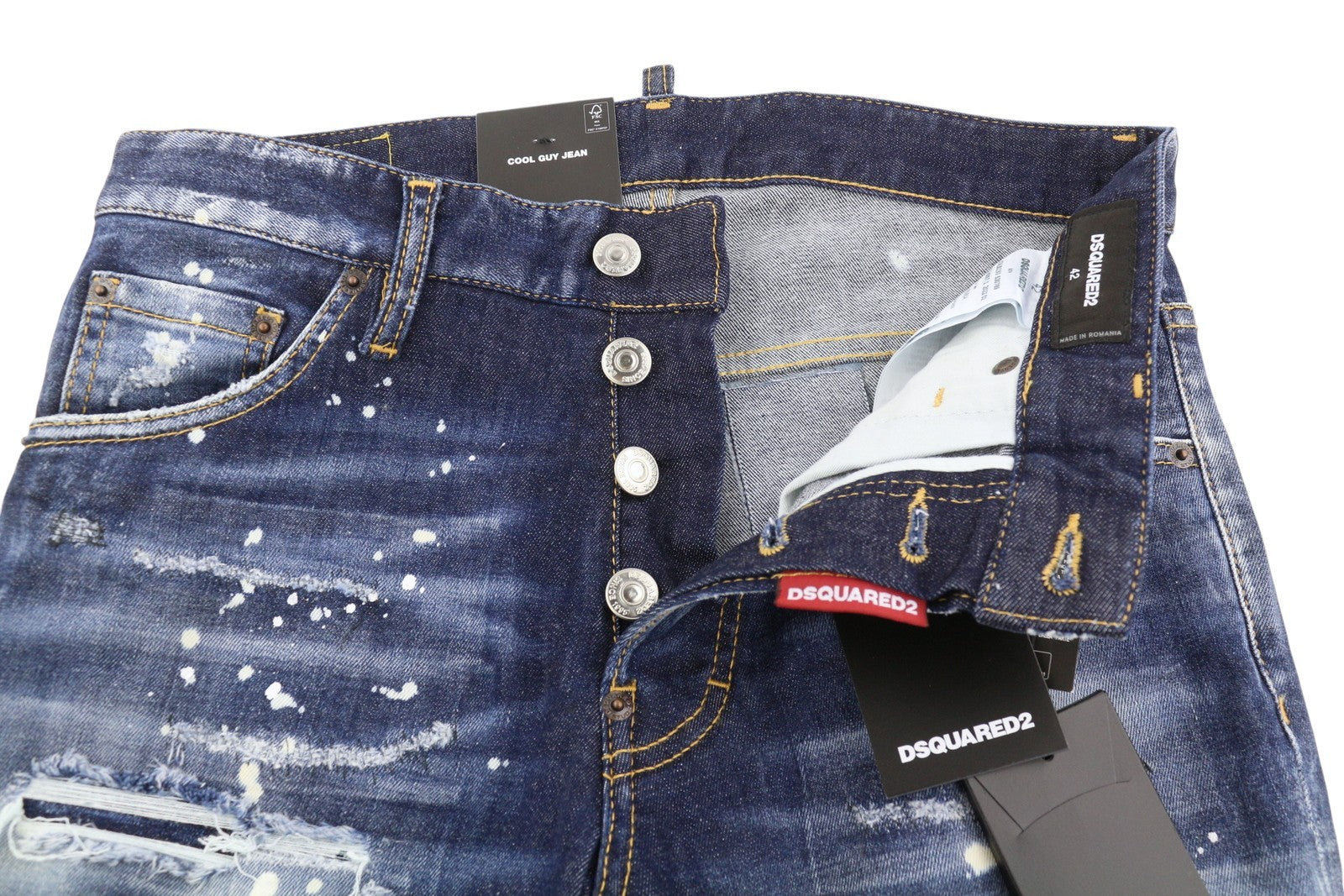 DSQUARED2 Cool Guy vyriški džinsai, 42 mėlyni, siaurėjantys, su taškymo efektu, RRP739 