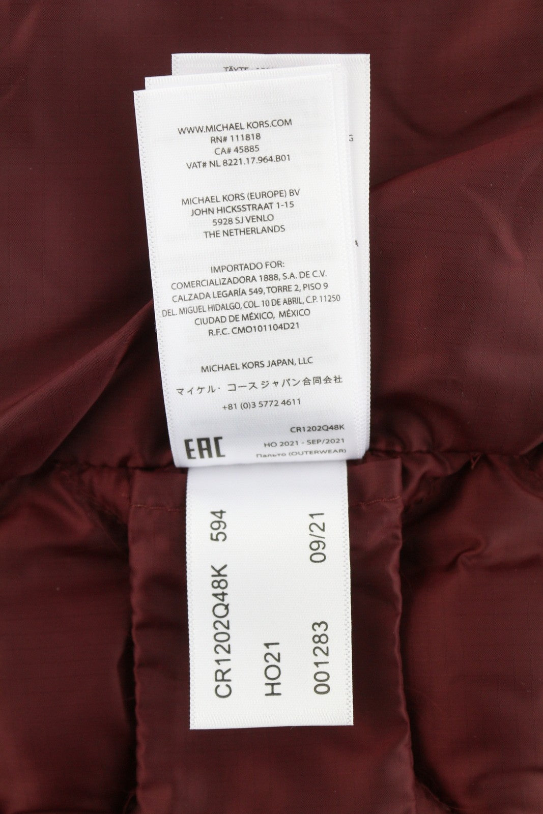 MICHAEL KORS vyriška liemenė XL dydžio bordo spalvos dygsniuota izoliuota liemenė su užtrauktuku (RRP199) 