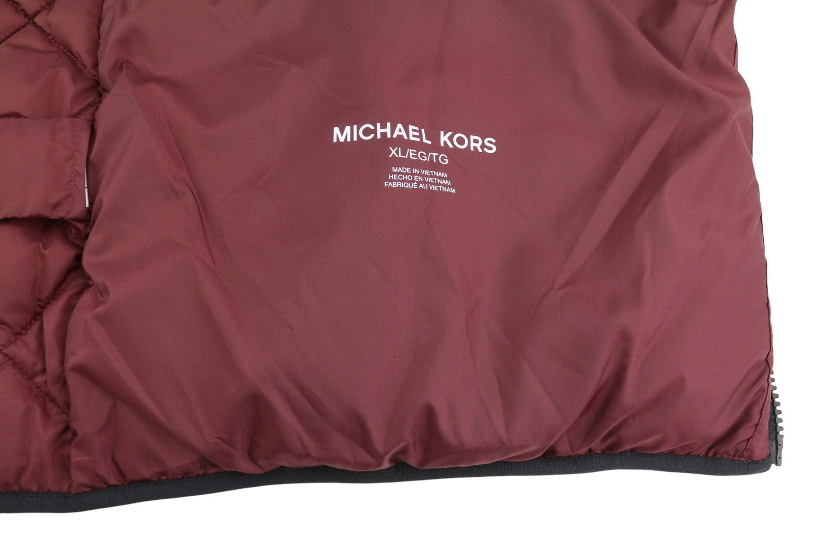 MICHAEL KORS vyriška liemenė XL dydžio bordo spalvos dygsniuota izoliuota liemenė su užtrauktuku (RRP199) 