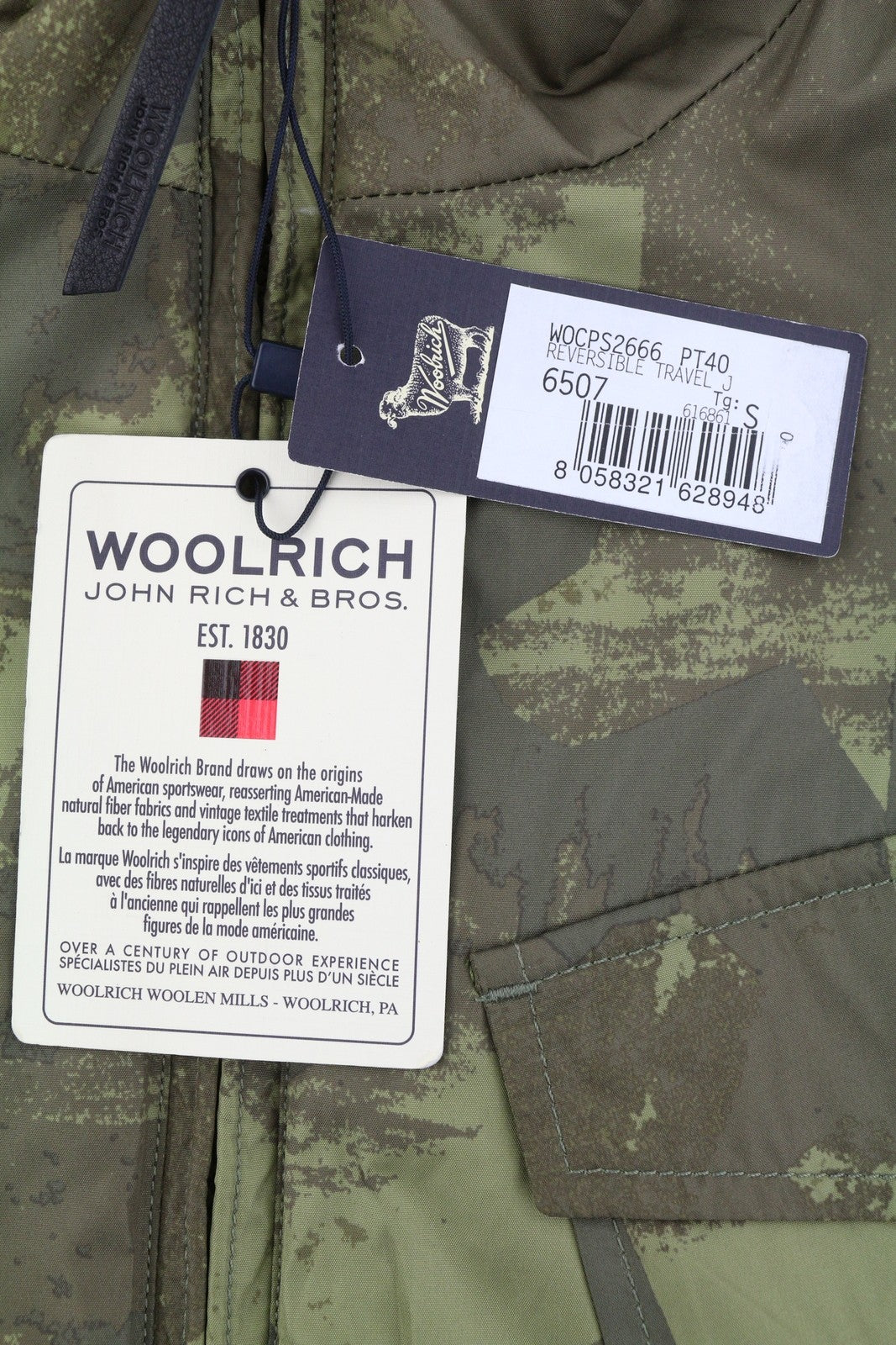 WOOLRICH dvipusė vyriška striukė su užtrauktuku, žalia, S dydžio, lengva, su kamufliažu ir RRP380 
