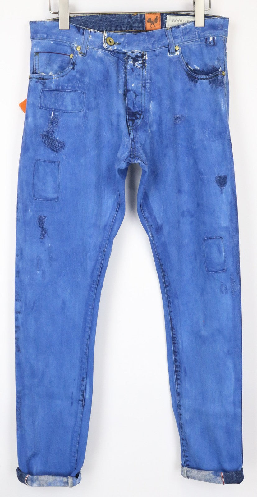 GOOD GENES vyriški W32/L34 Selvedge mėlyni grynos medvilnės ploni džinsai su lopais, unikalūs 