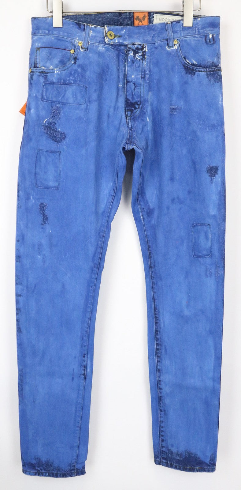 GOOD GENES vyriški W32/L34 Selvedge mėlyni grynos medvilnės ploni džinsai su lopais, unikalūs 