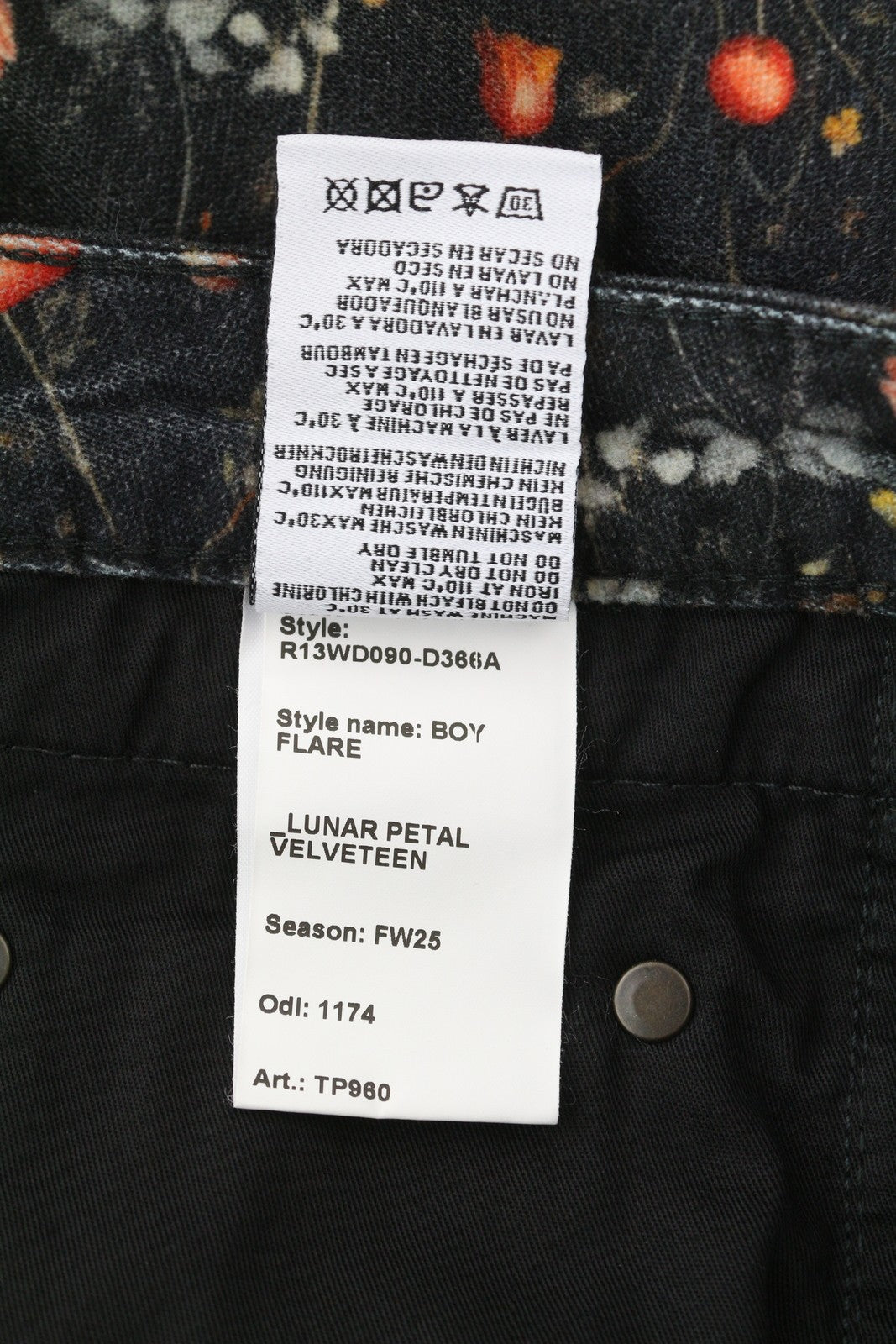 R13 berniukiški platėjantys moteriški džinsai, 30 Lunar Petal aksominiai, gėlių rašto, FW25, RRP799 