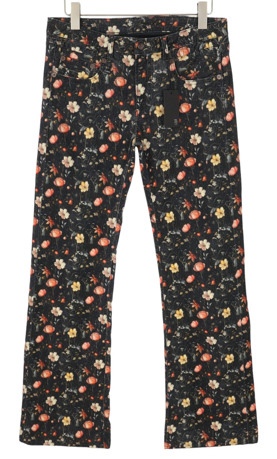 R13 berniukiški platėjantys moteriški džinsai, 30 Lunar Petal aksominiai, gėlių rašto, FW25, RRP799 