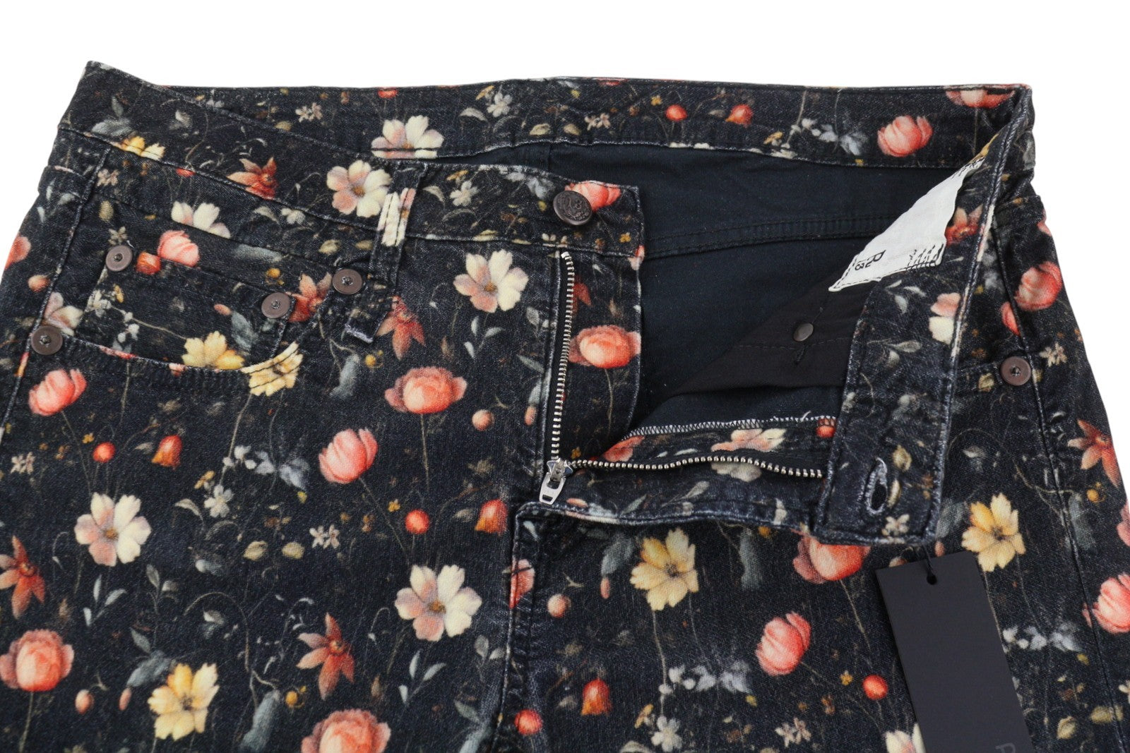 R13 berniukiški platėjantys moteriški džinsai, 30 Lunar Petal aksominiai, gėlių rašto, FW25, RRP799 